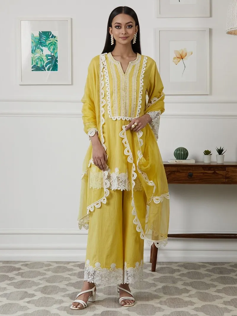 Yellow Cotton Lace Short Kurta with Palazzo - Set of 3