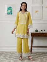 Yellow Cotton Lace Short Kurta with Palazzo - Set of 3