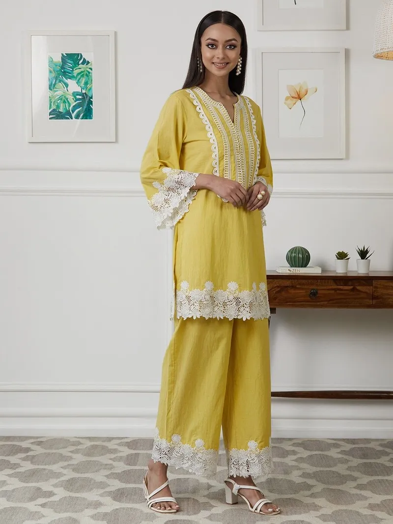 Yellow Cotton Lace Short Kurta with Palazzo - Set of 3