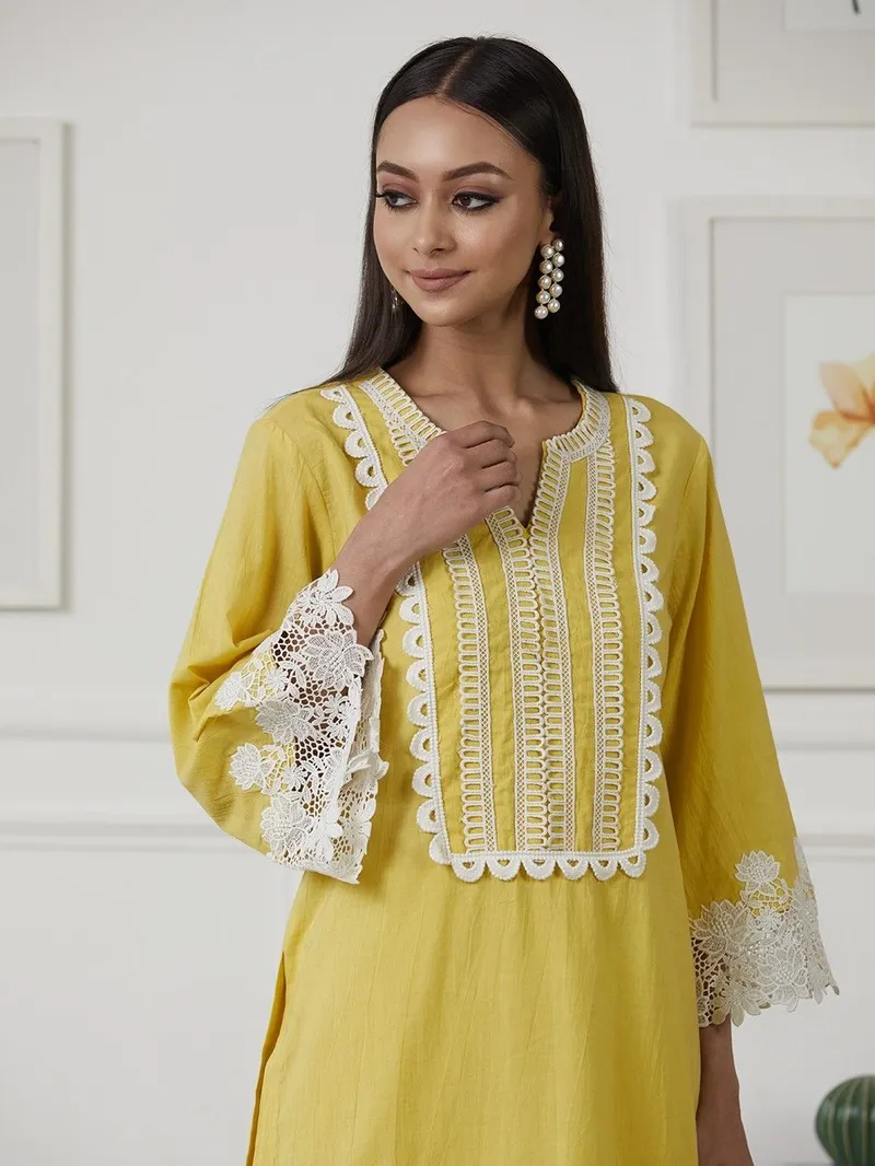 Yellow Cotton Lace Short Kurta with Palazzo - Set of 3