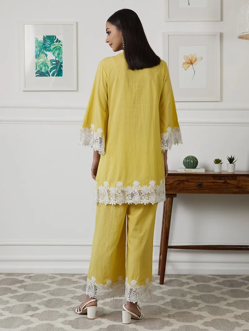 Yellow Cotton Lace Short Kurta with Palazzo - Set of 3