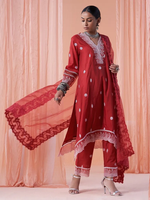 Red Lace Work Chanderi Kurta with Pants- Set of 3