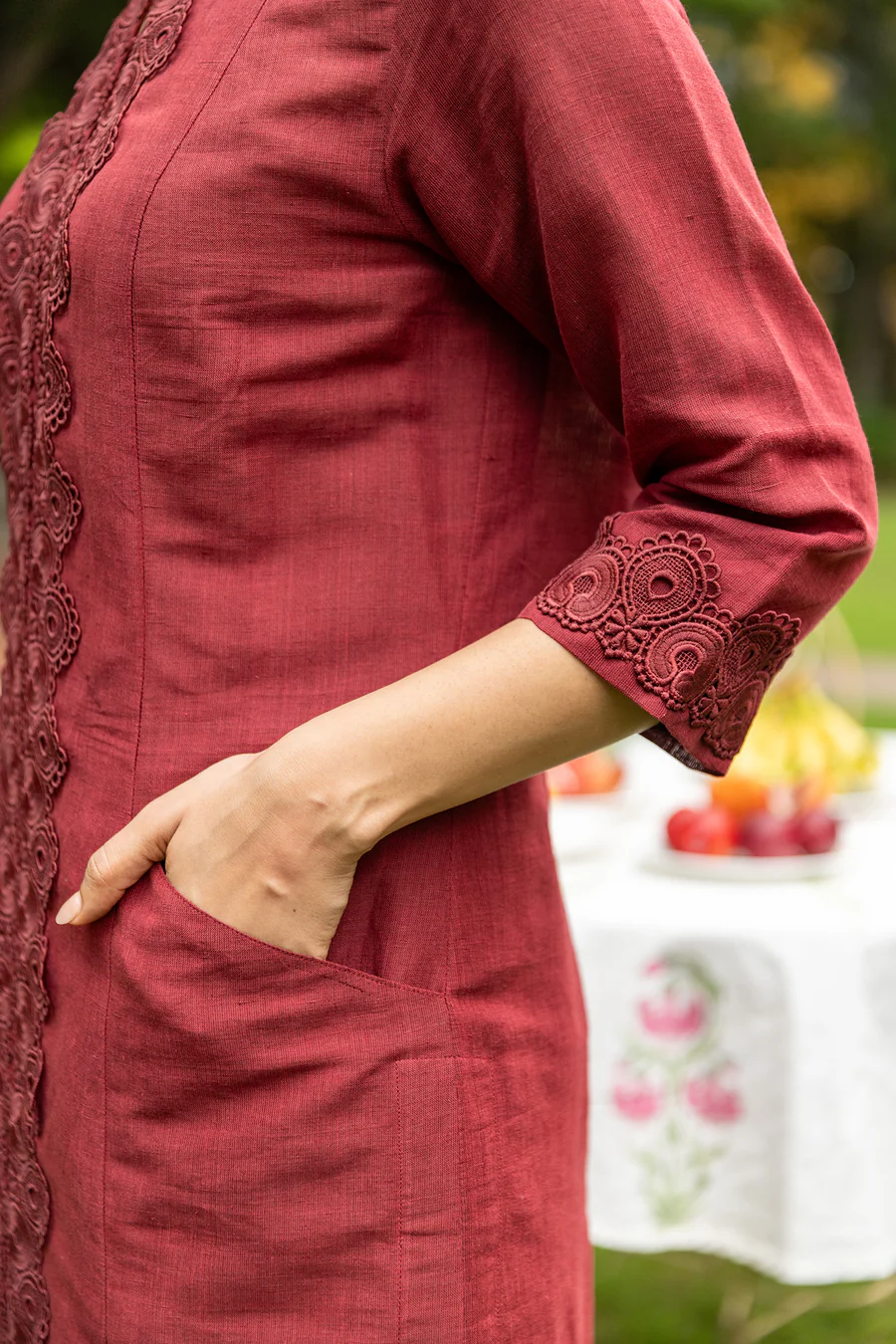 Long Maroon Linen Kurta Set with Lacework and Scalloped Detailing