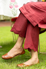 Long Maroon Linen Kurta Set with Lacework and Scalloped Detailing