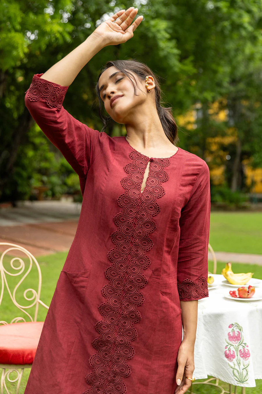 Long Maroon Linen Kurta Set with Lacework and Scalloped Detailing