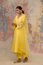 YELLOW HAND BLOCK PRINTED COTTON SILK BLEND KURTA SET