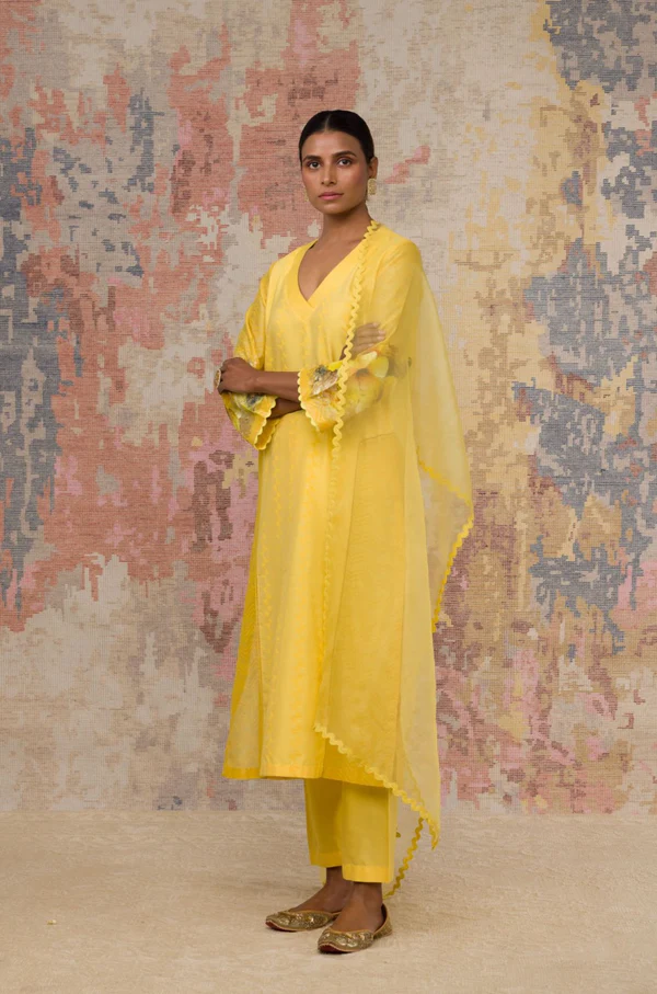 YELLOW HAND BLOCK PRINTED COTTON SILK BLEND KURTA SET