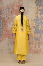 YELLOW HAND BLOCK PRINTED COTTON SILK BLEND KURTA SET