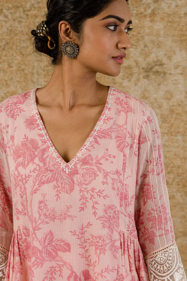 BLUSH PINK BLOCK PRINTED KOTA KURTA SET