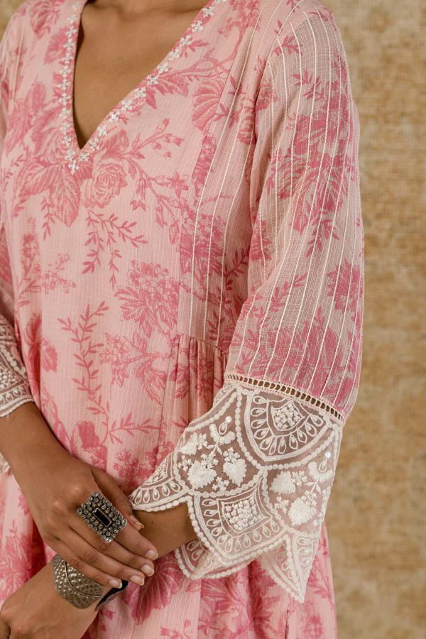 BLUSH PINK BLOCK PRINTED KOTA KURTA SET