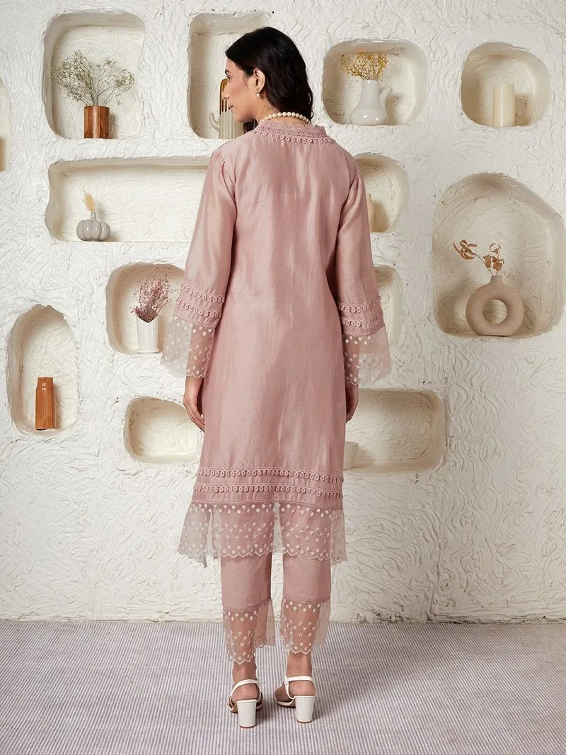 Old Rose Chanderi Asymmetric Kurta with Cotton Pants- Set of 2