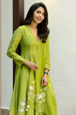 GREEN EMBROIDERED CHANDERI ANARKALI SET