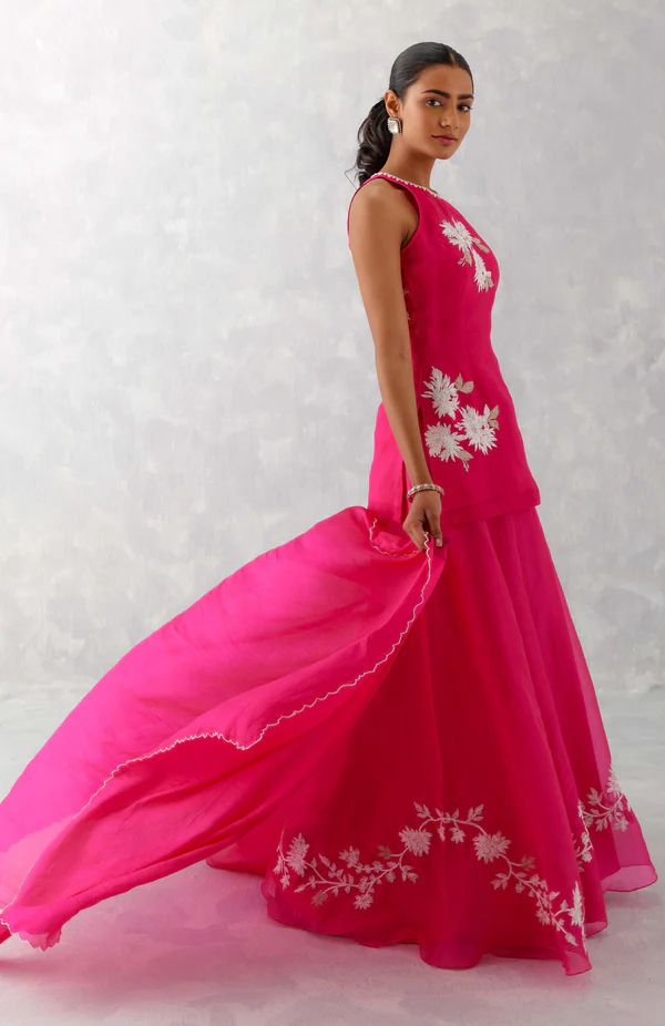 FUCHSIA PINK EMBROIDERED SHARARA SET