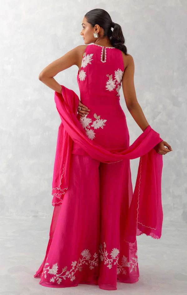 FUCHSIA PINK EMBROIDERED SHARARA SET