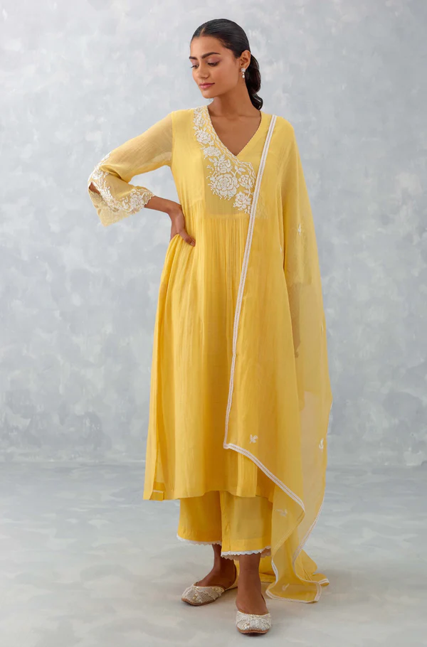 MANGO YELLOW EMBROIDERED CHANDERI KURTA SET