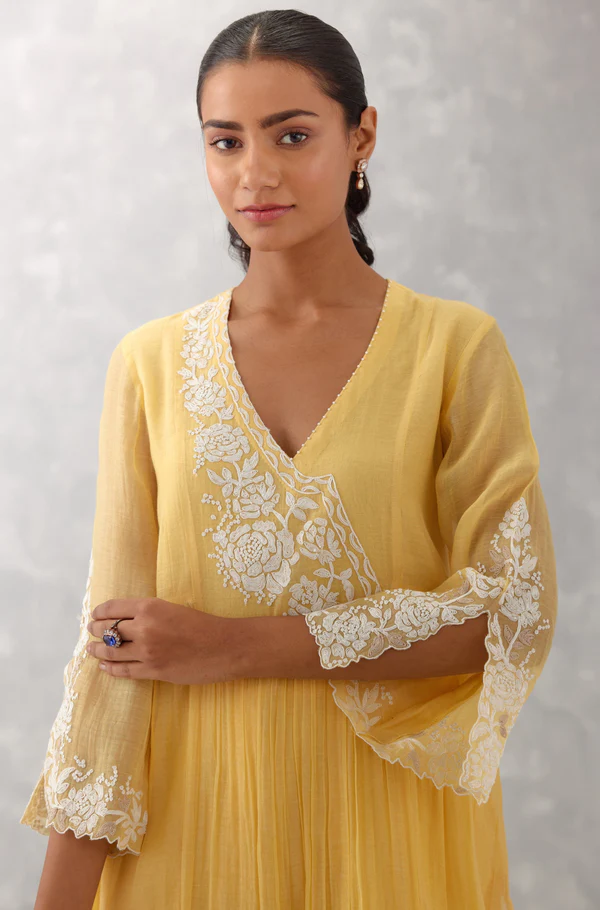 MANGO YELLOW EMBROIDERED CHANDERI KURTA SET