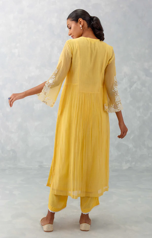 MANGO YELLOW EMBROIDERED CHANDERI KURTA SET