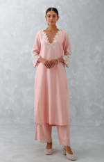 BLUSH PINK EMBROIDERED WOVEN CHANDERI KURTA SET