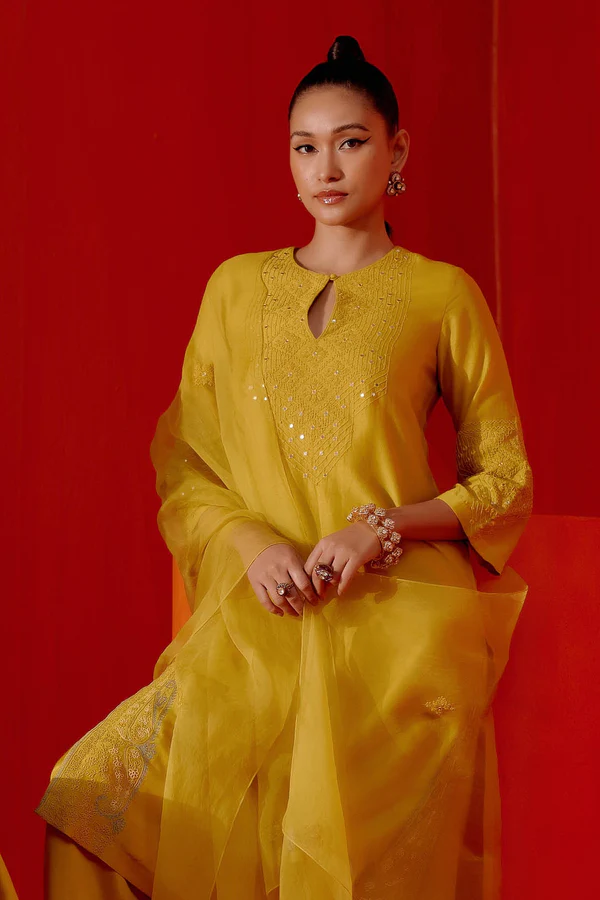 MUSTARD EMBROIDERED SILK CHANDERI KURTA SET