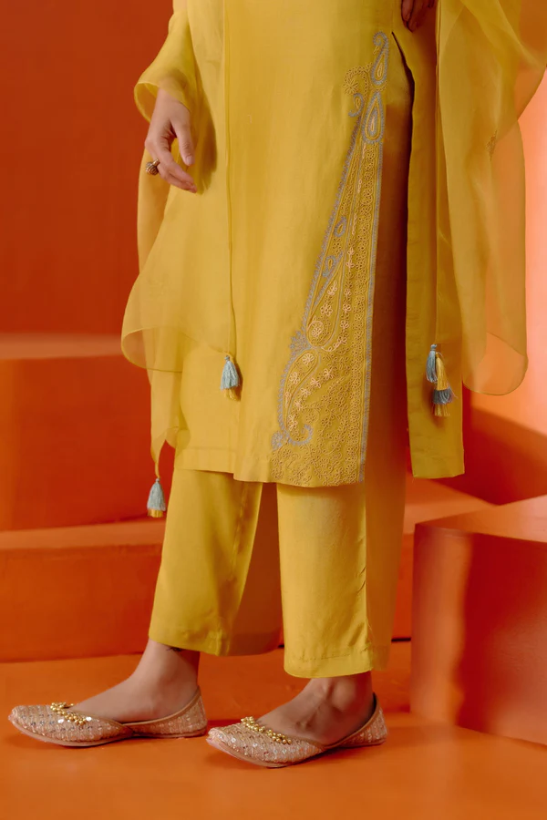 MUSTARD EMBROIDERED SILK CHANDERI KURTA SET