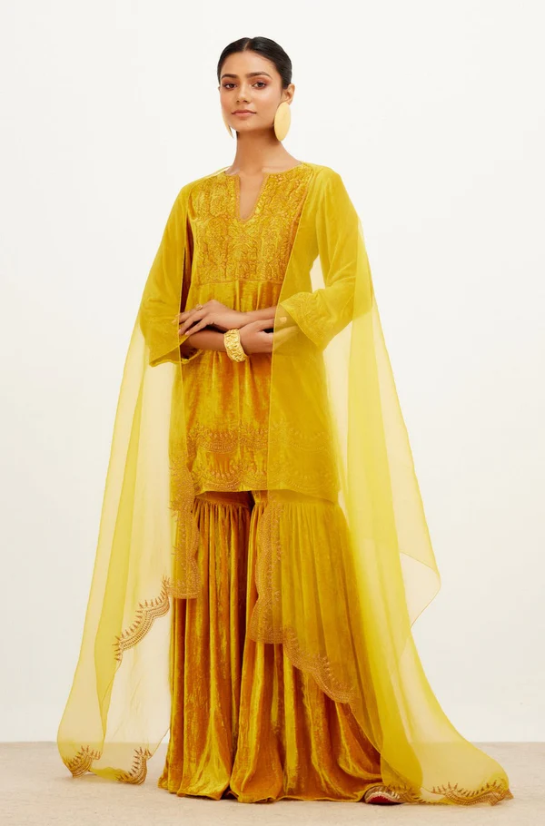 MUSTARD ZARI EMBROIDERED VELVET SHARARA SET