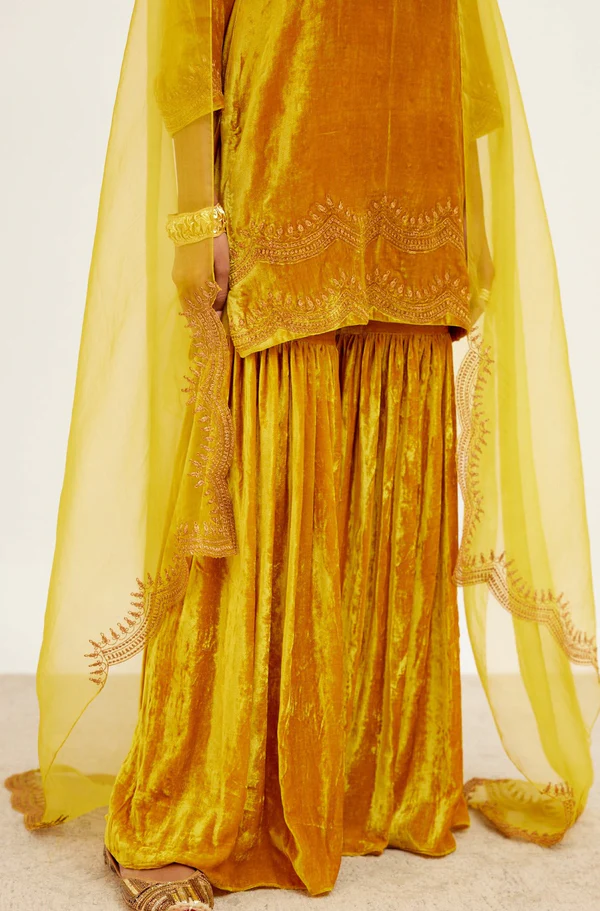 MUSTARD ZARI EMBROIDERED VELVET SHARARA SET