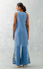 BLUE EMBROIDERED ORGANZA SHORT KURTA SET