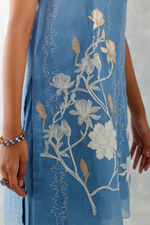 BLUE EMBROIDERED ORGANZA SHORT KURTA SET