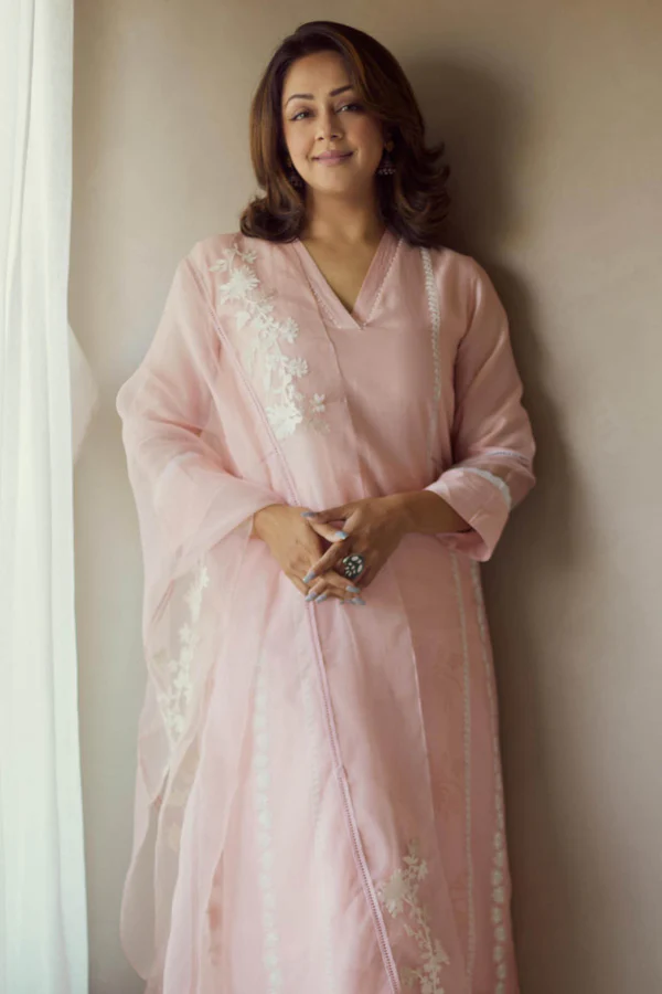 BLUSH PINK EMBROIDERED CHANDERI KURTA SET