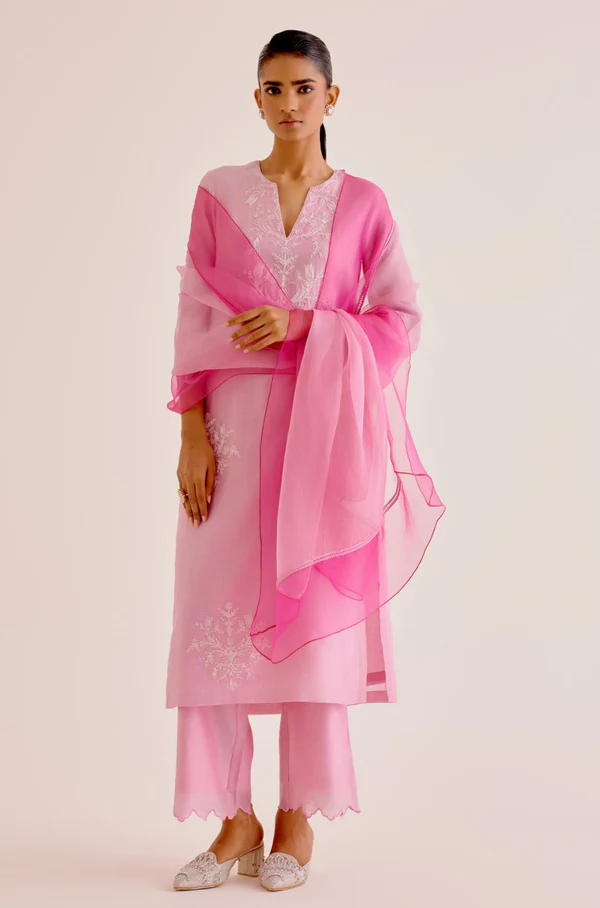 PINK SILK CHANDERI DORI EMBROIDERED KURTA SET