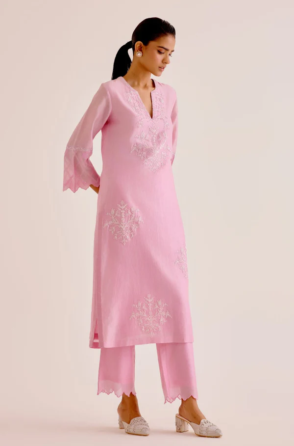 PINK SILK CHANDERI DORI EMBROIDERED KURTA SET