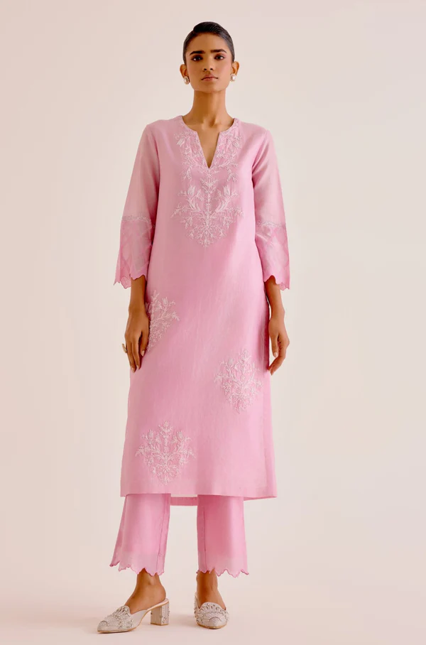 PINK SILK CHANDERI DORI EMBROIDERED KURTA SET