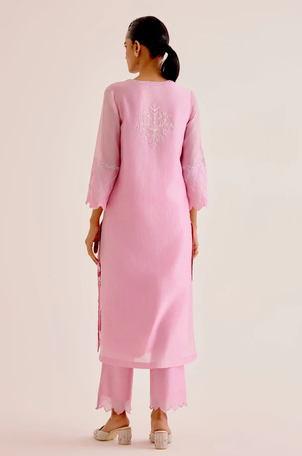 PINK SILK CHANDERI DORI EMBROIDERED KURTA SET