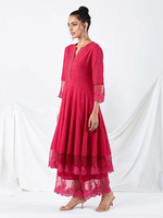 Pink Embroidered Cotton Dobby Anarkali Kurta with Palazzo and Dupatta- Set of 3