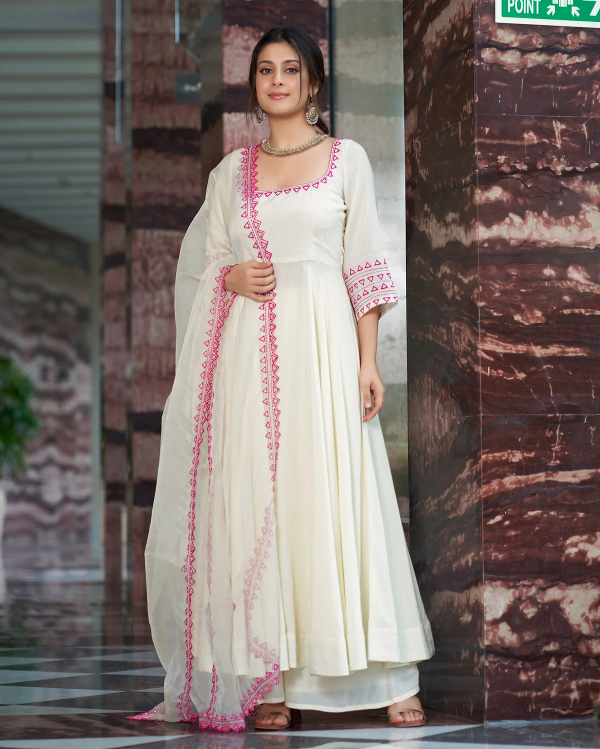 PINK CREAM EMBROIDERED MUSLIN SILK SUIT SET