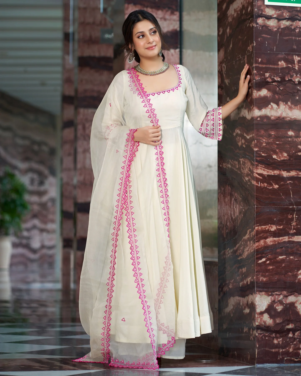 PINK CREAM EMBROIDERED MUSLIN SILK SUIT SET