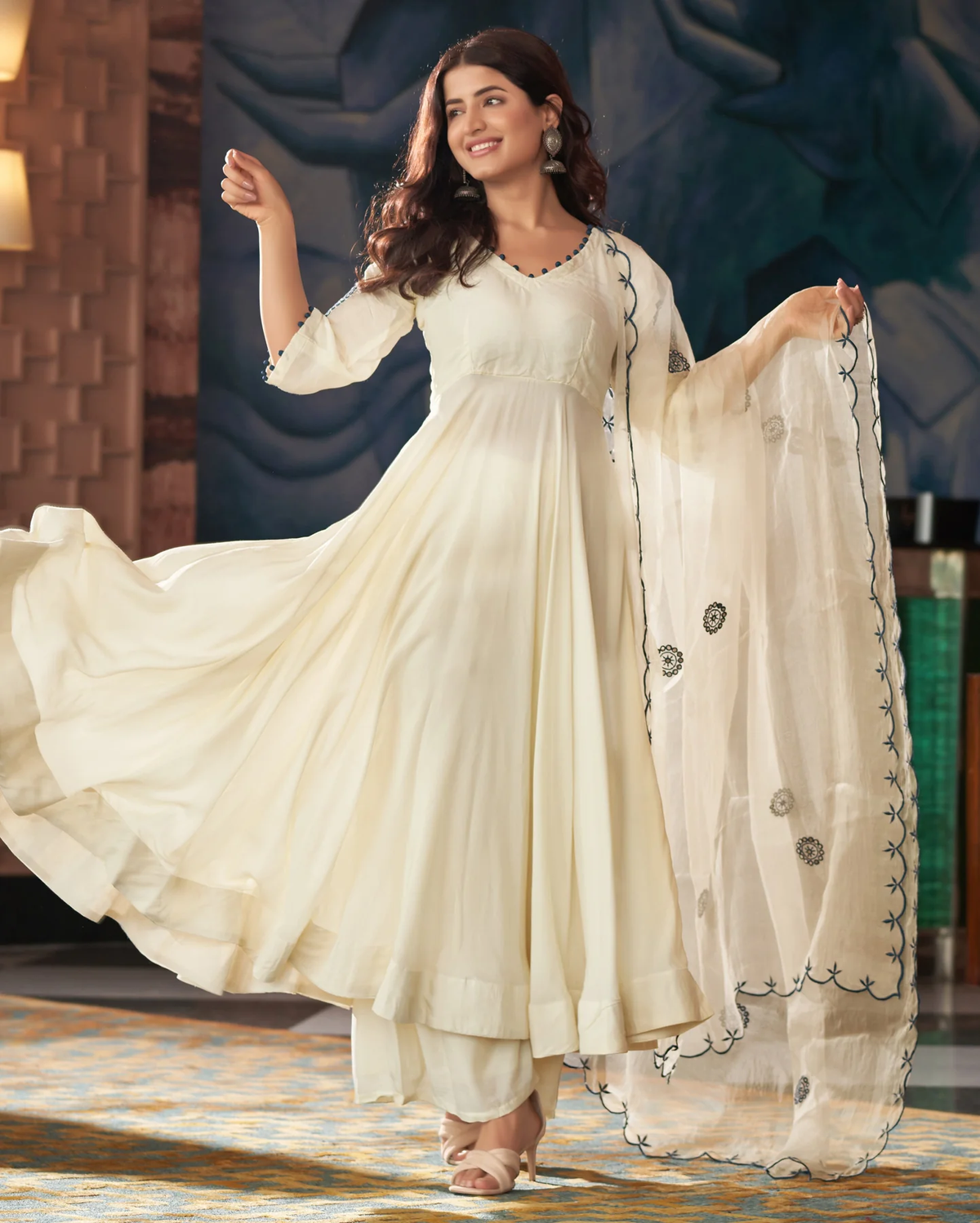 BLUE CREAM EMBROIDERED MUSLIN SILK SUIT SET