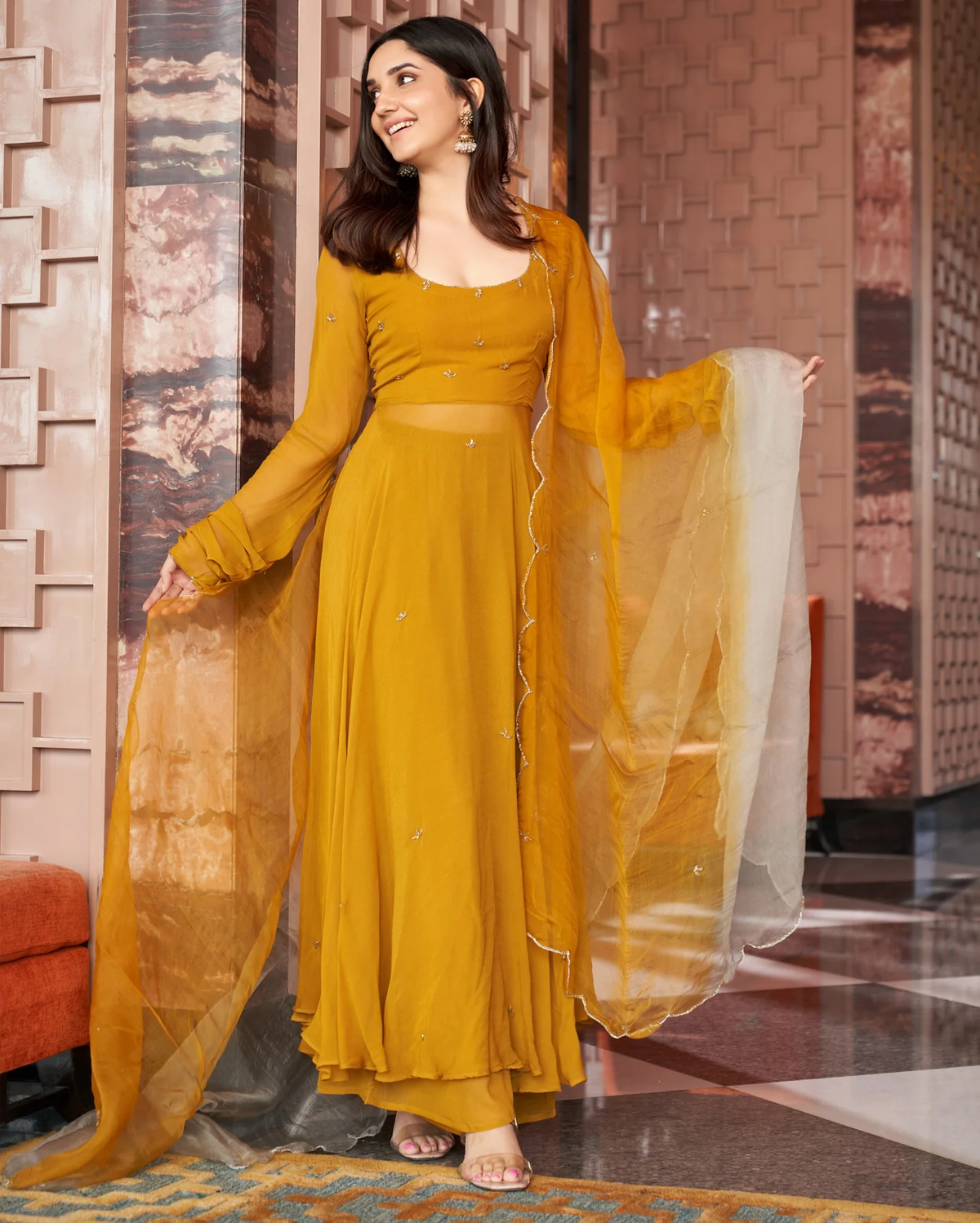 MUSTARD YELLOW EMBROIDERED GEORGETTE SUIT SET