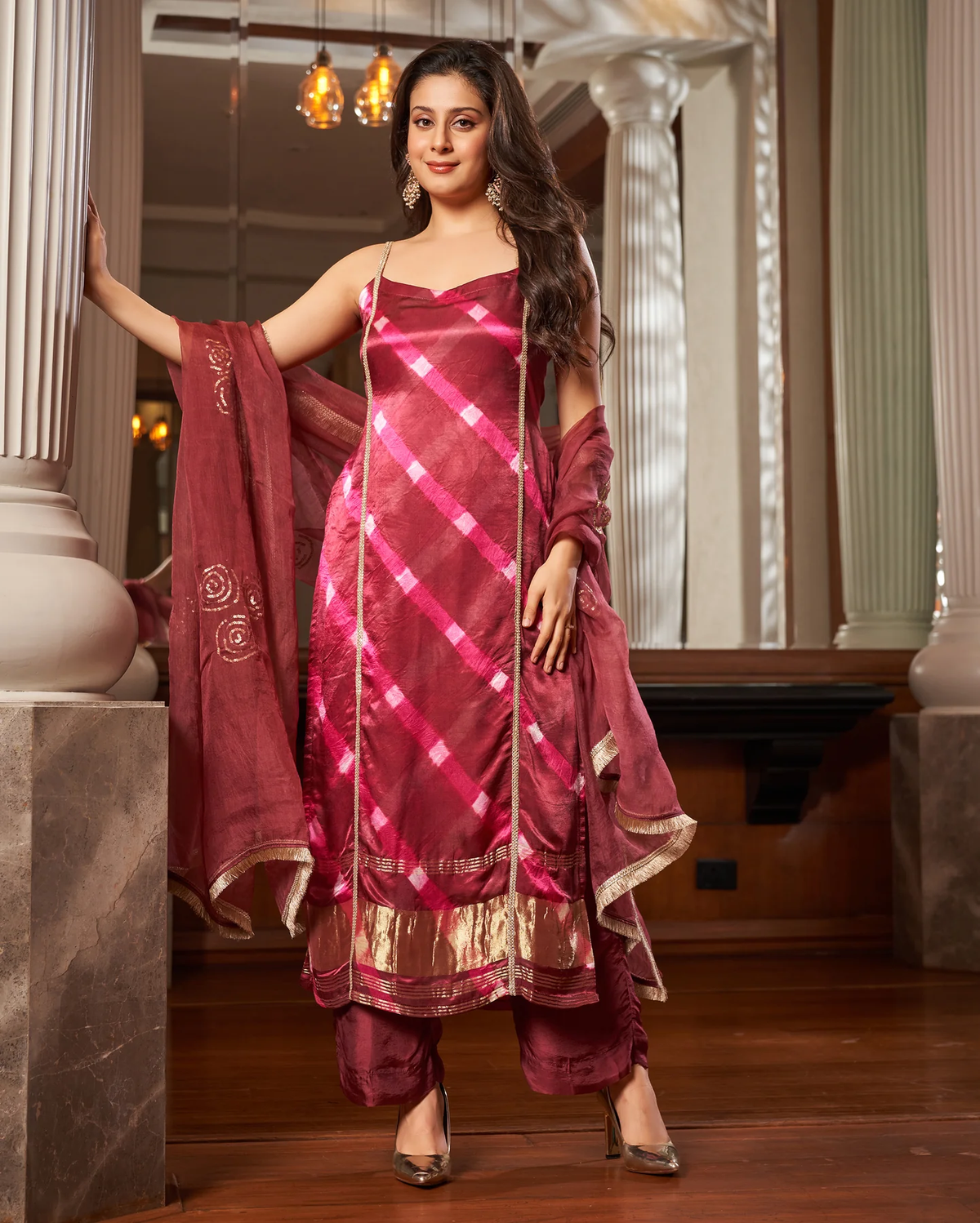 MAROON LEHERIYA SILK SUIT SET