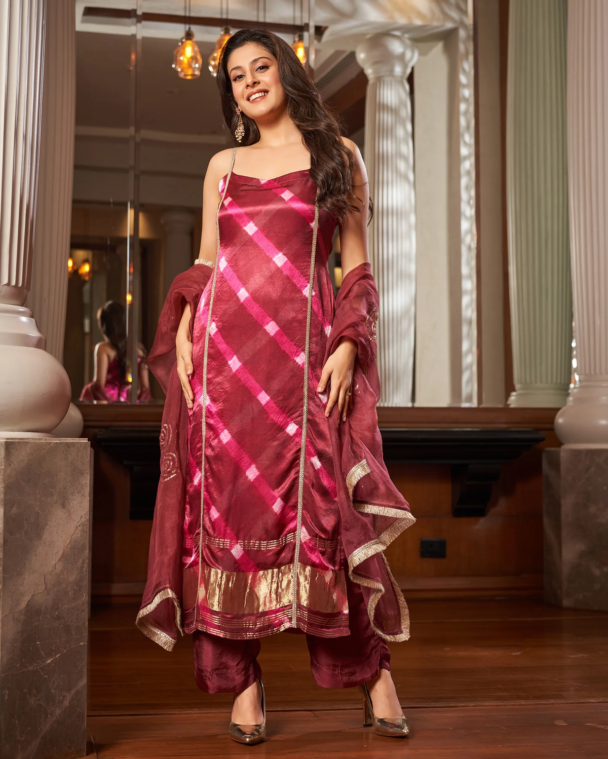 MAROON LEHERIYA SILK SUIT SET