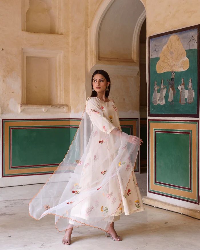 Cotton Anarkali Set With Chikan Pant And Organza Dupatta