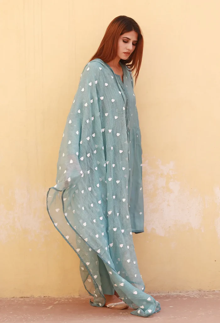 Tie Die Bandhani Cotton Ada Sky Mudal Kurta Set With Doriya Dupatta