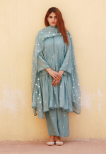 Tie Die Bandhani Cotton Ada Sky Mudal Kurta Set With Doriya Dupatta