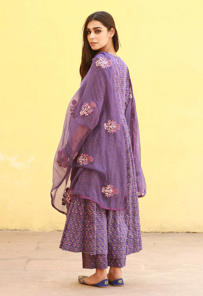 Block Print Sunflower Purple Cotton Anarkali Set With Doriya Dupatta