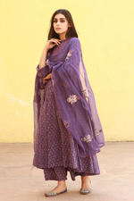 Block Print Sunflower Purple Cotton Anarkali Set With Doriya Dupatta