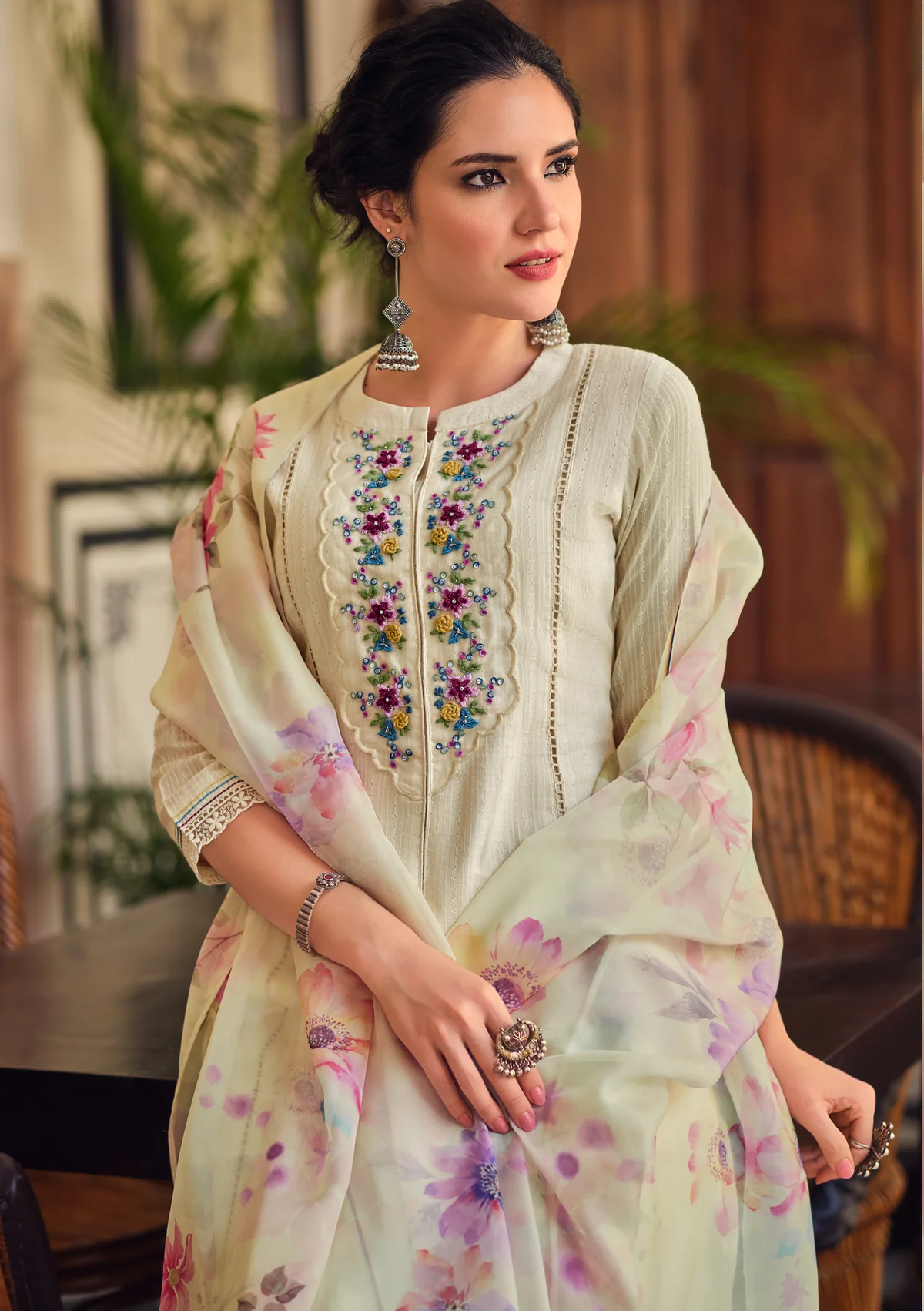 SHABNAM CREAM FULL WORK SUIT SET WITH FLORAL ORGANZA DUPATTA