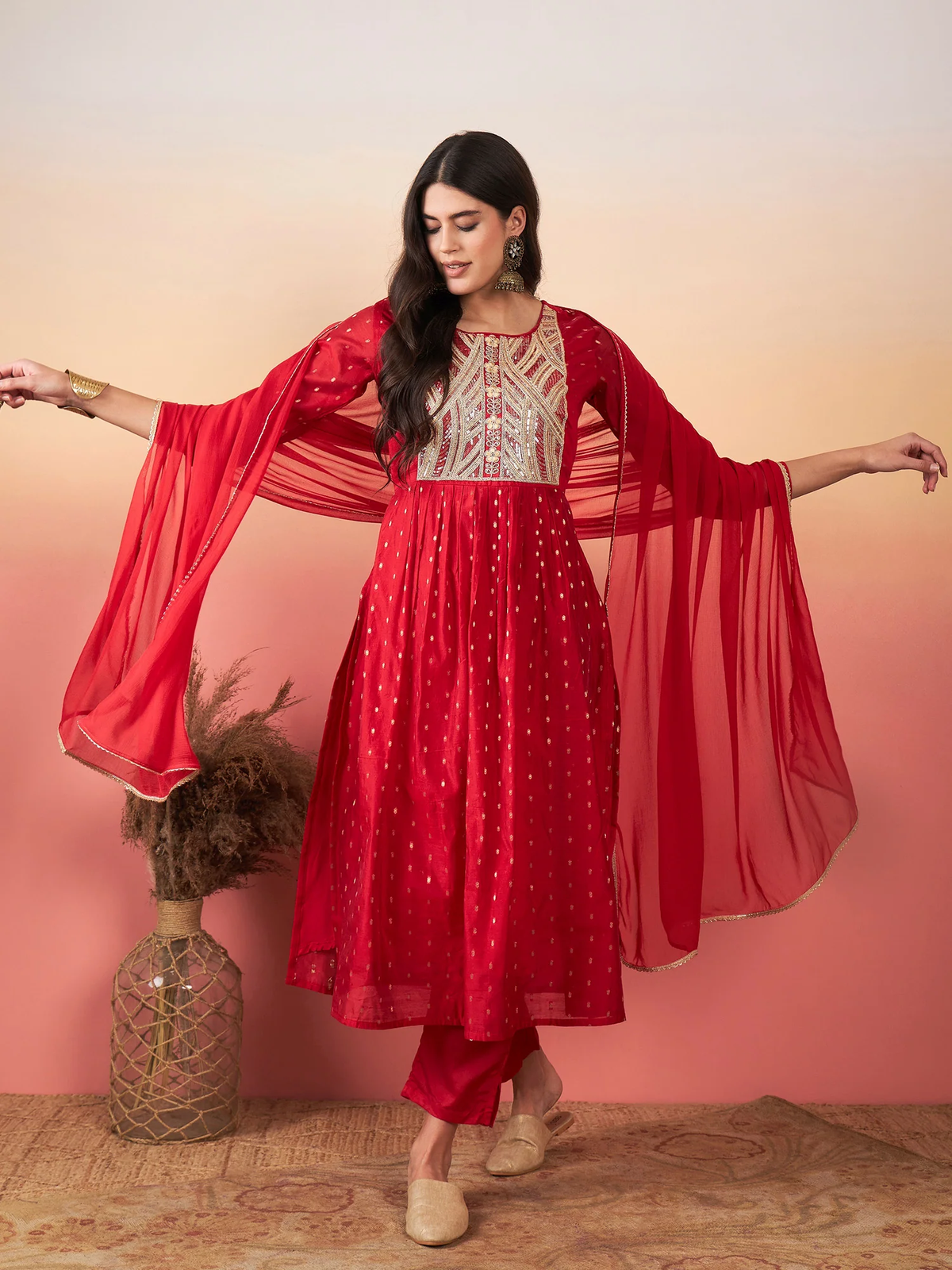 Red Embroidered A Line Kurta Trousers With Dupatta Set