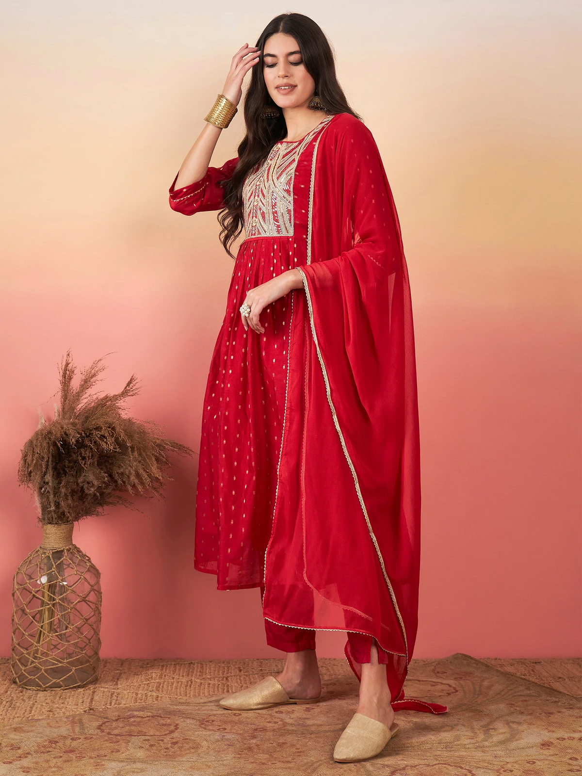 Red Embroidered A Line Kurta Trousers With Dupatta Set