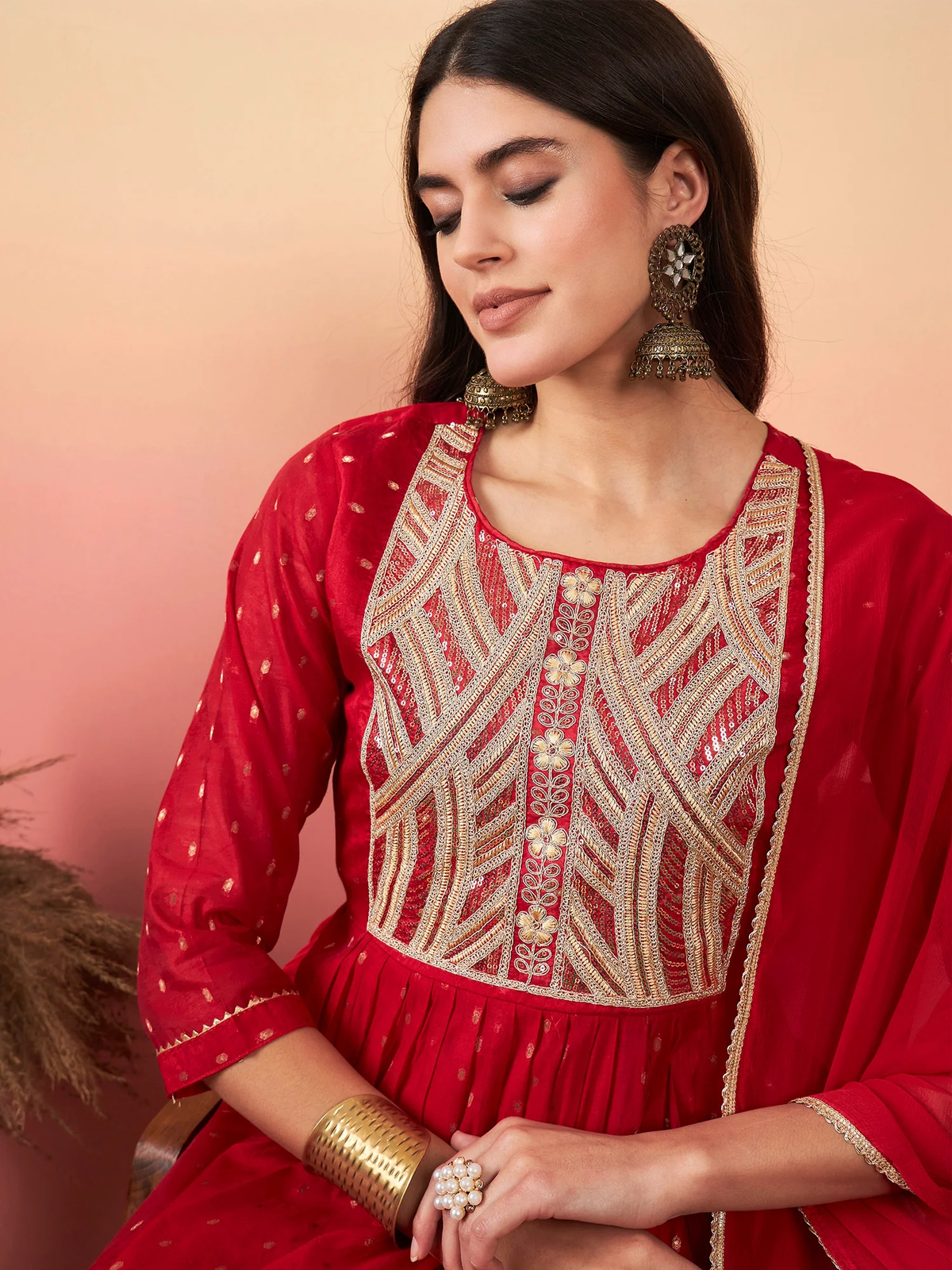 Red Embroidered A Line Kurta Trousers With Dupatta Set