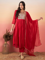 Red Embroidered A Line Kurta Trousers With Dupatta Set